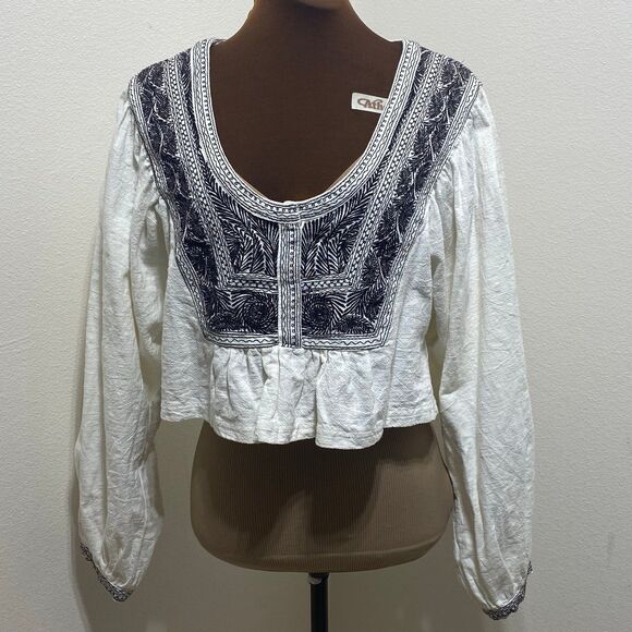 Free People Iggie Embroidered Cropped Blouse Ivory/ Black Bean Size Extra Small - Picture 1 of 10